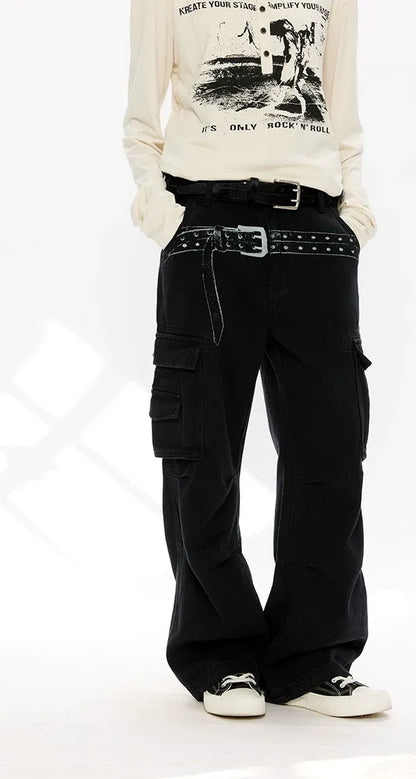 Washed Distressed Wide-Leg Cargo Pants