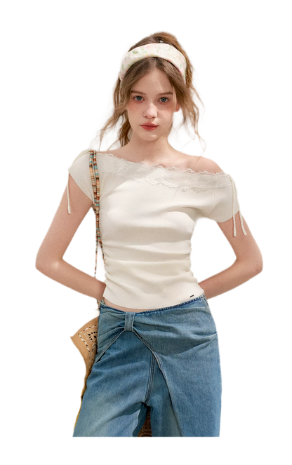 Lace Trim Off-Shoulder Knit Top &amp; Denim Pants