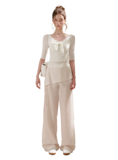 Lace Detail Casual Wide-Leg Pants