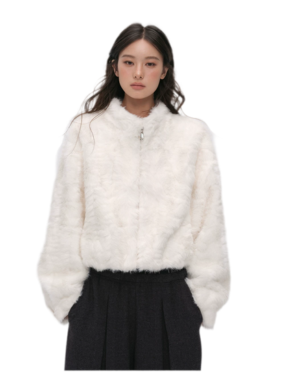 Embossed Cropped Faux Fur Jacket