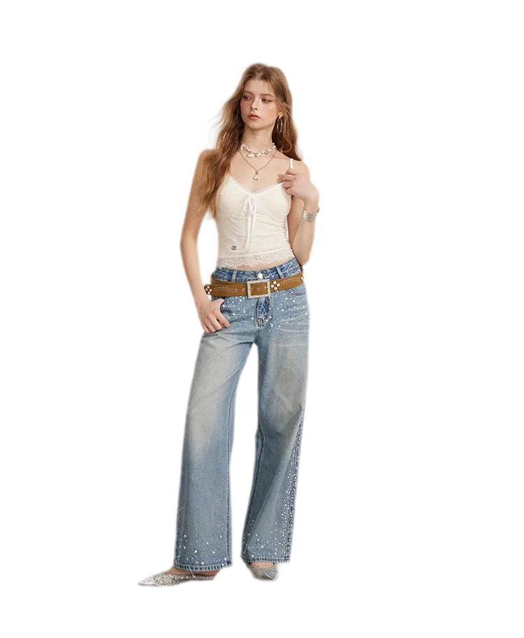 Rhinestone Pearl Wide-Leg Jeans