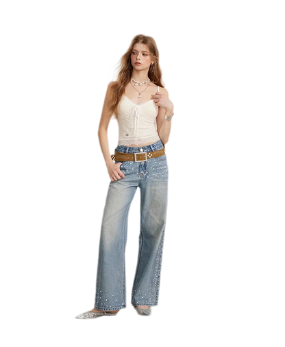 Rhinestone Pearl Wide-Leg Jeans