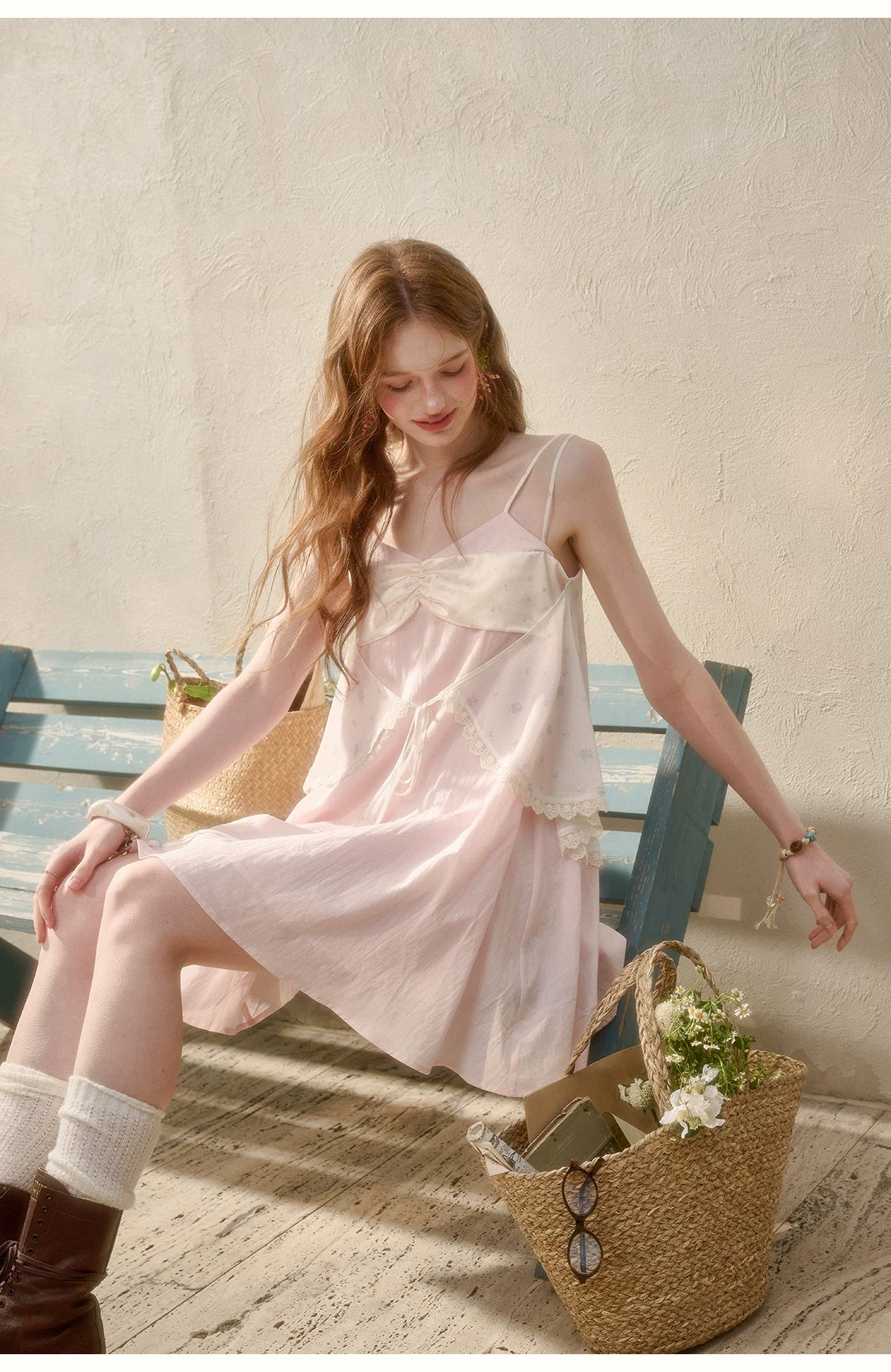 Cream Cotton Chiffon Camisole Dress Cream Pink / M