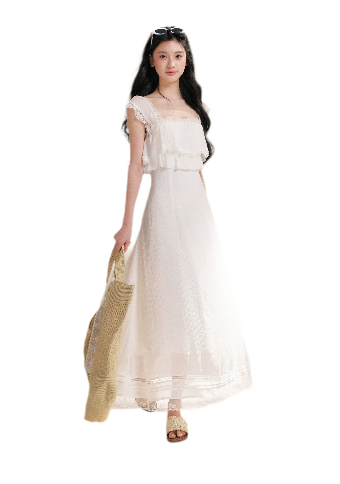 Lace Ruffle Waist Long Dress
