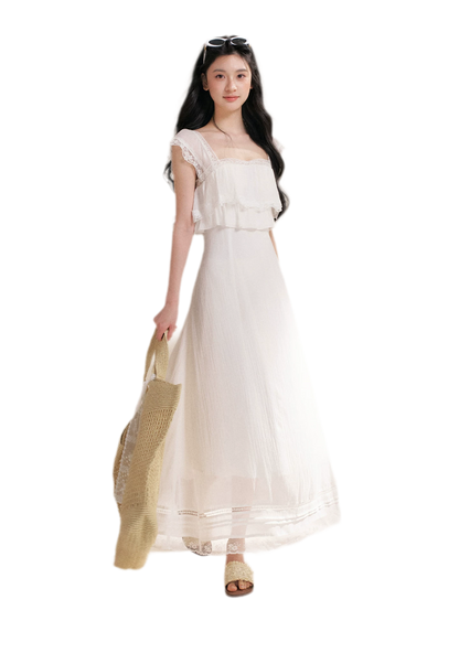 Lace Ruffle Waist Long Dress