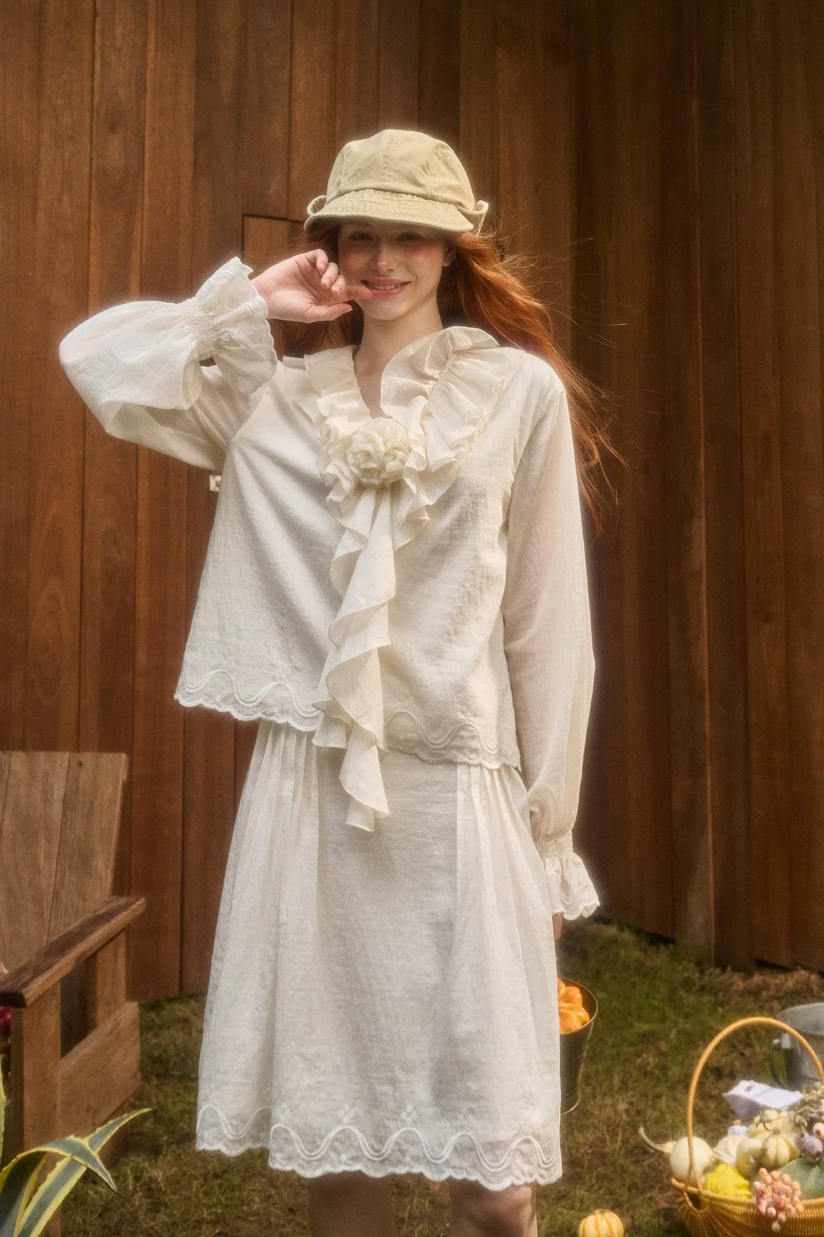 Embroidered Ruffle Blouse Skirt Set
