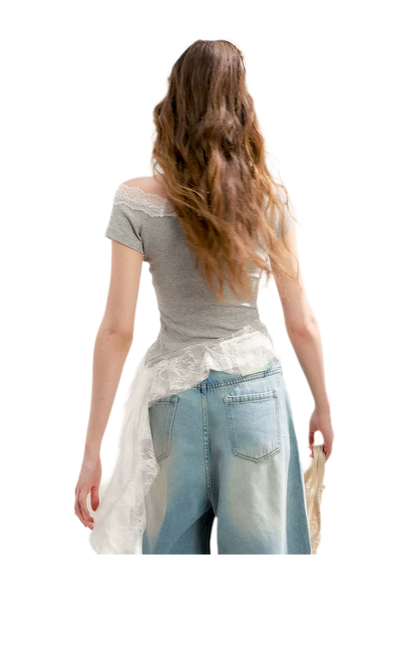 Asymmetric Lace Off-Shoulder T-Shirt