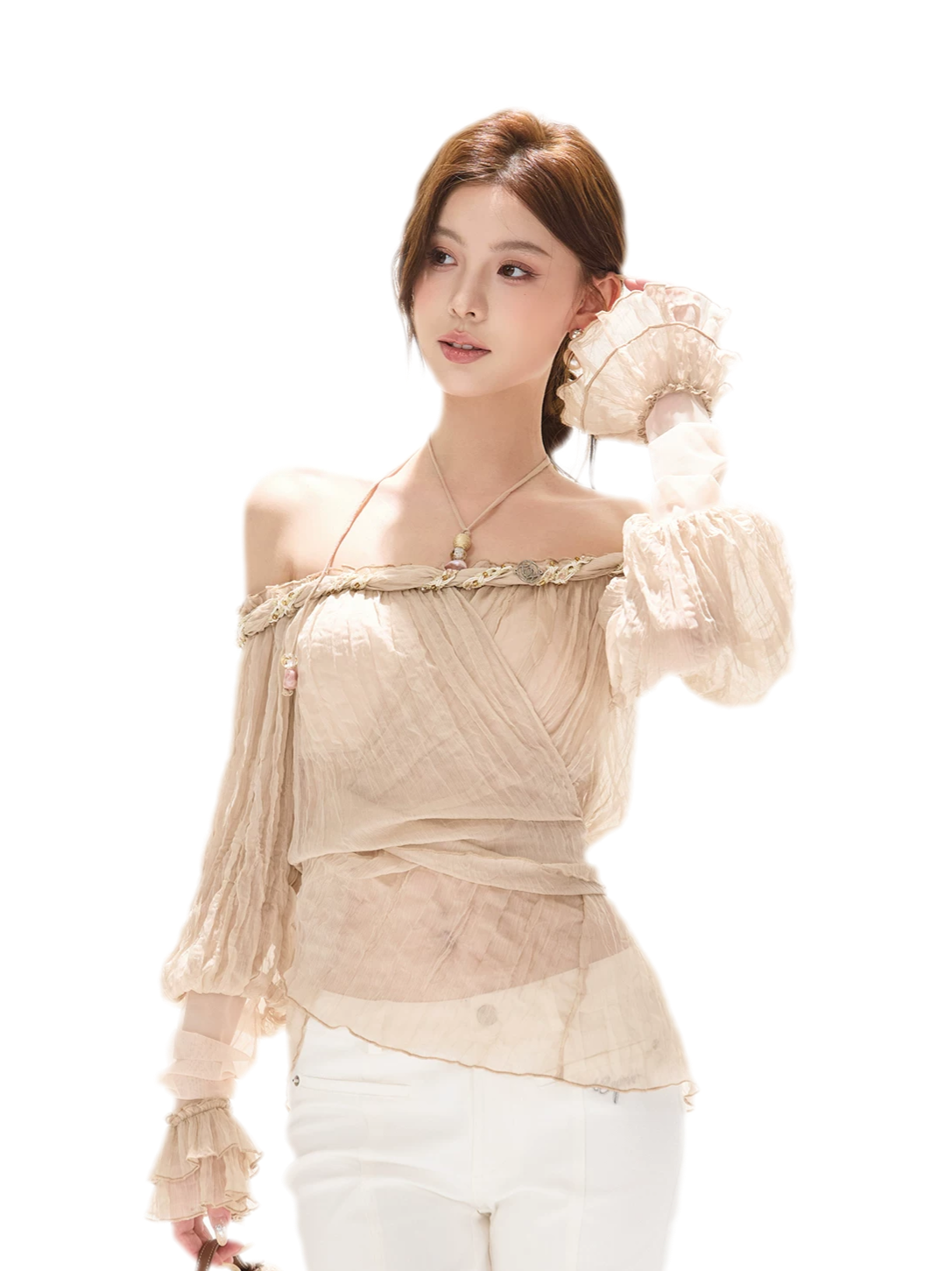 Crinkled Chiffon Beaded Blouse