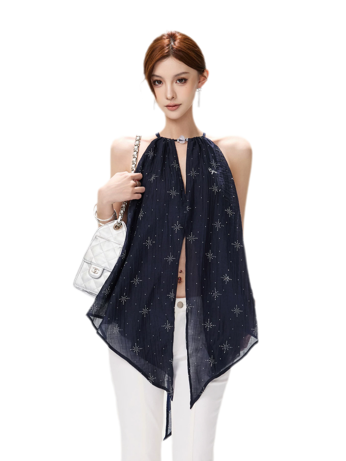 Rhinestone Asymmetric Halter Chiffon Top