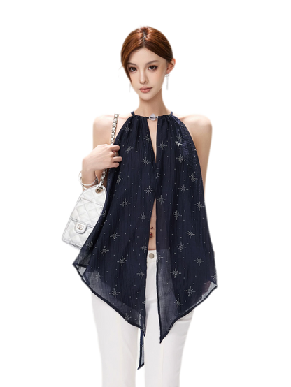 Rhinestone Asymmetric Halter Chiffon Top