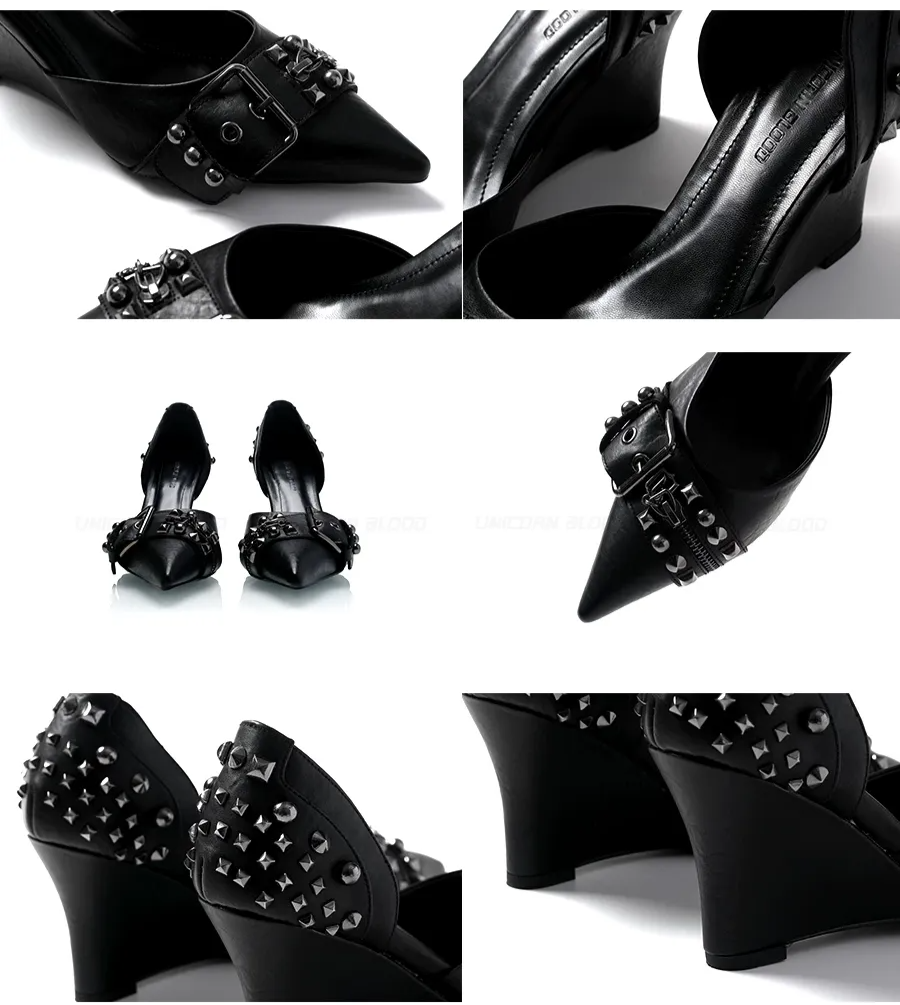 Studded Pointed-Toe Wedge Heels