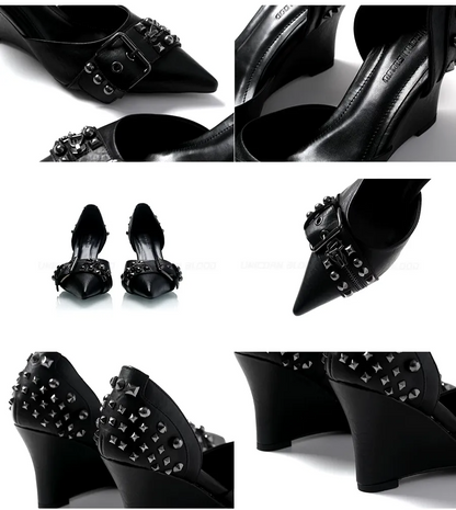 Studded Pointed-Toe Wedge Heels