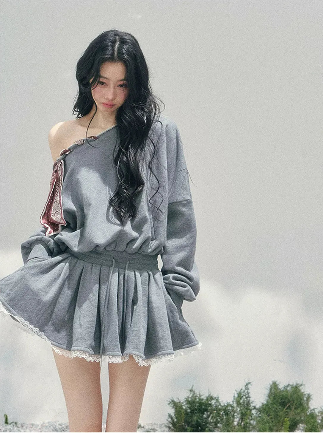 Lace Off-Shoulder Sweatshirt Dress