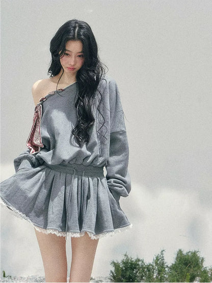 Lace Off-Shoulder Sweatshirt Dress