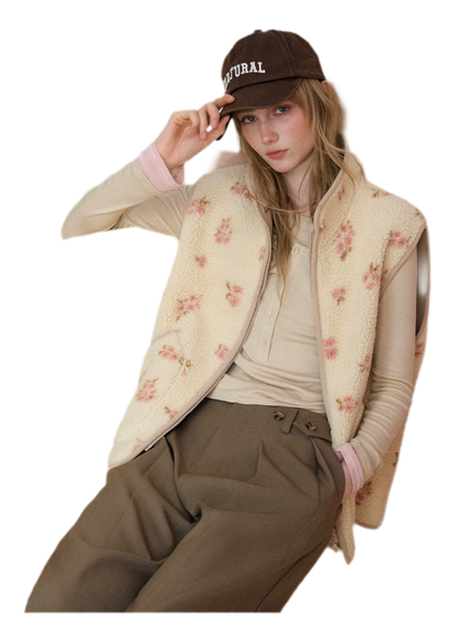 Floral Fleece Stand Collar Vest