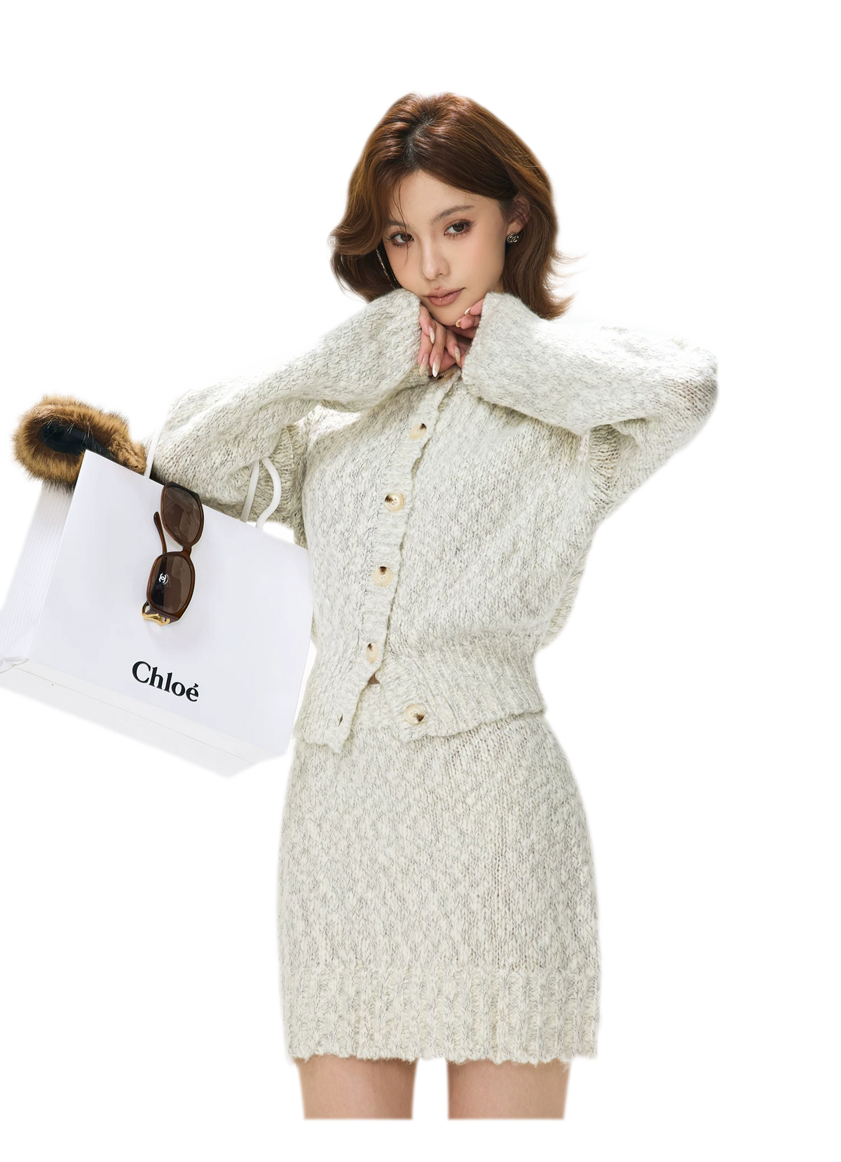 Fluffy Wool Knit Cardigan Set