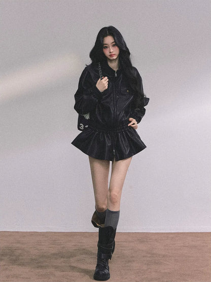 Faux Leather Stand Collar Jacket