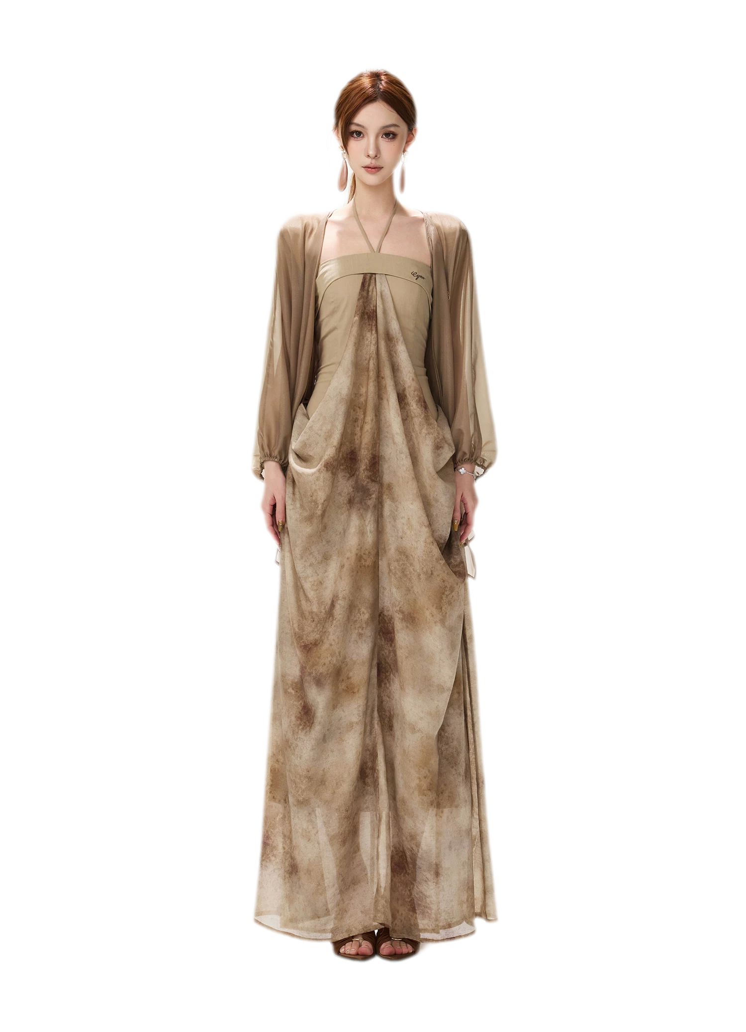 Ink-Wash Pleated Halter Dress