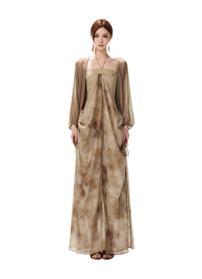 Ink-Wash Pleated Halter Dress