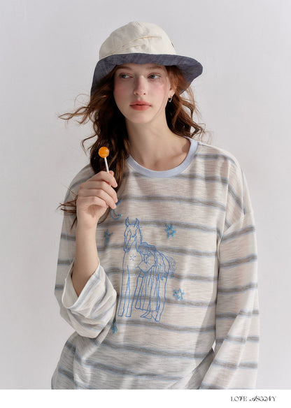 Embroidered Beaded Striped Loose T-shirt