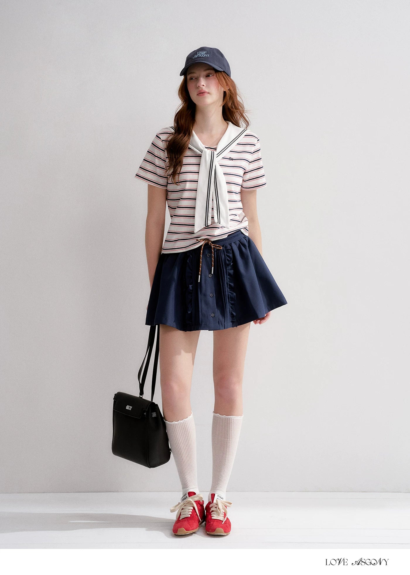 Navy Sailor Collar Tie-Striped Short T-shirt