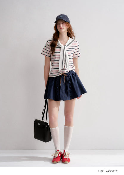 Navy Sailor Collar Tie-Striped Short T-shirt