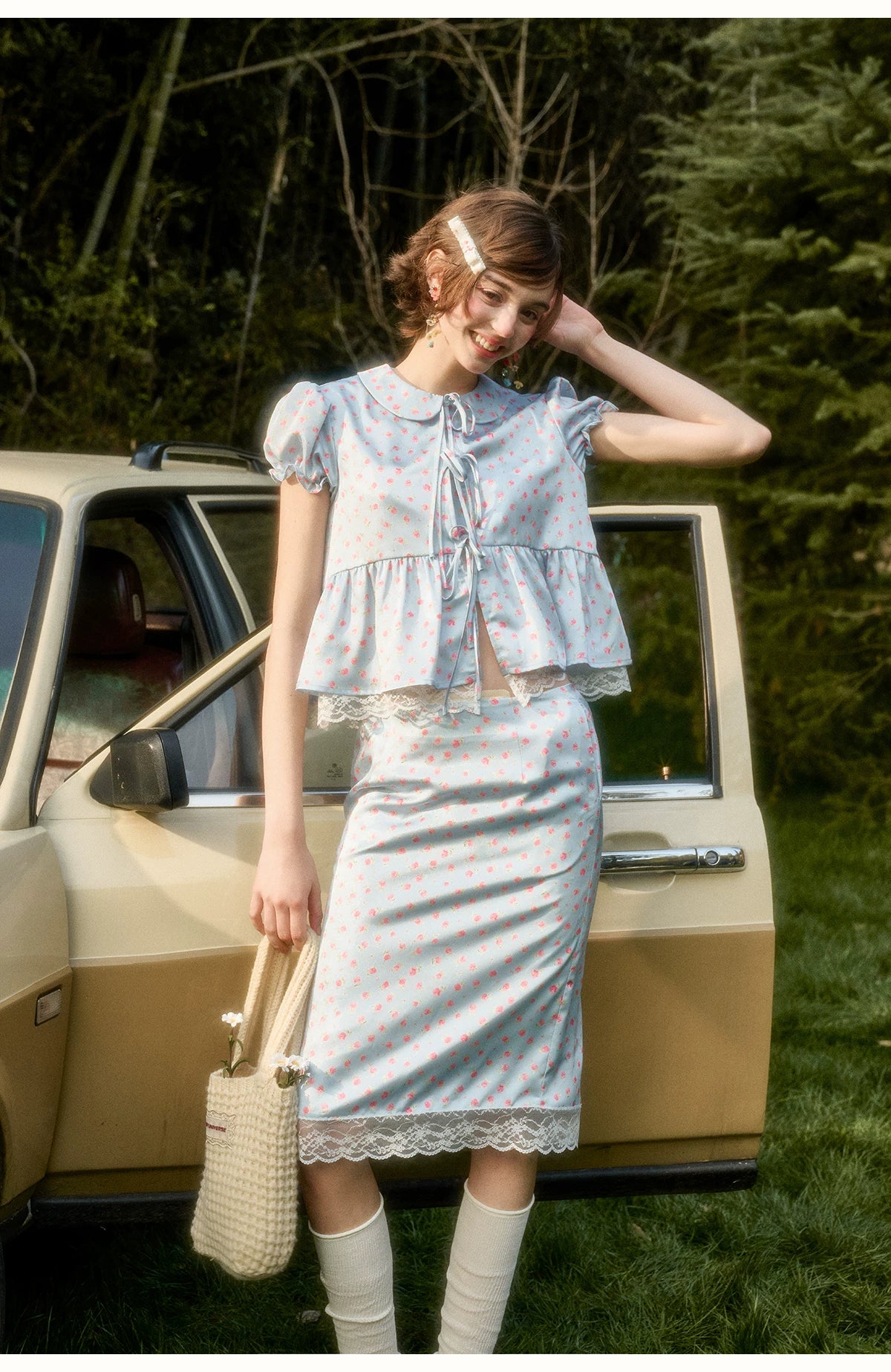 Soft Misty Blue Doll Collar Satin Floral Shirt