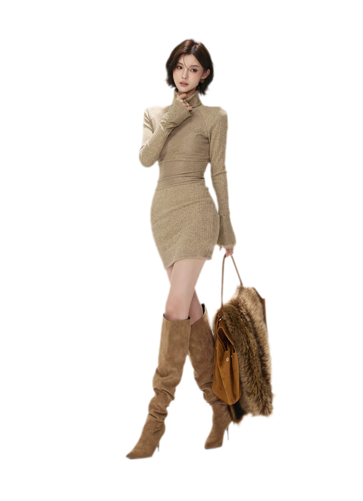 Lace Panel Ribbed Mini Dress — Load image 11 in gallery view