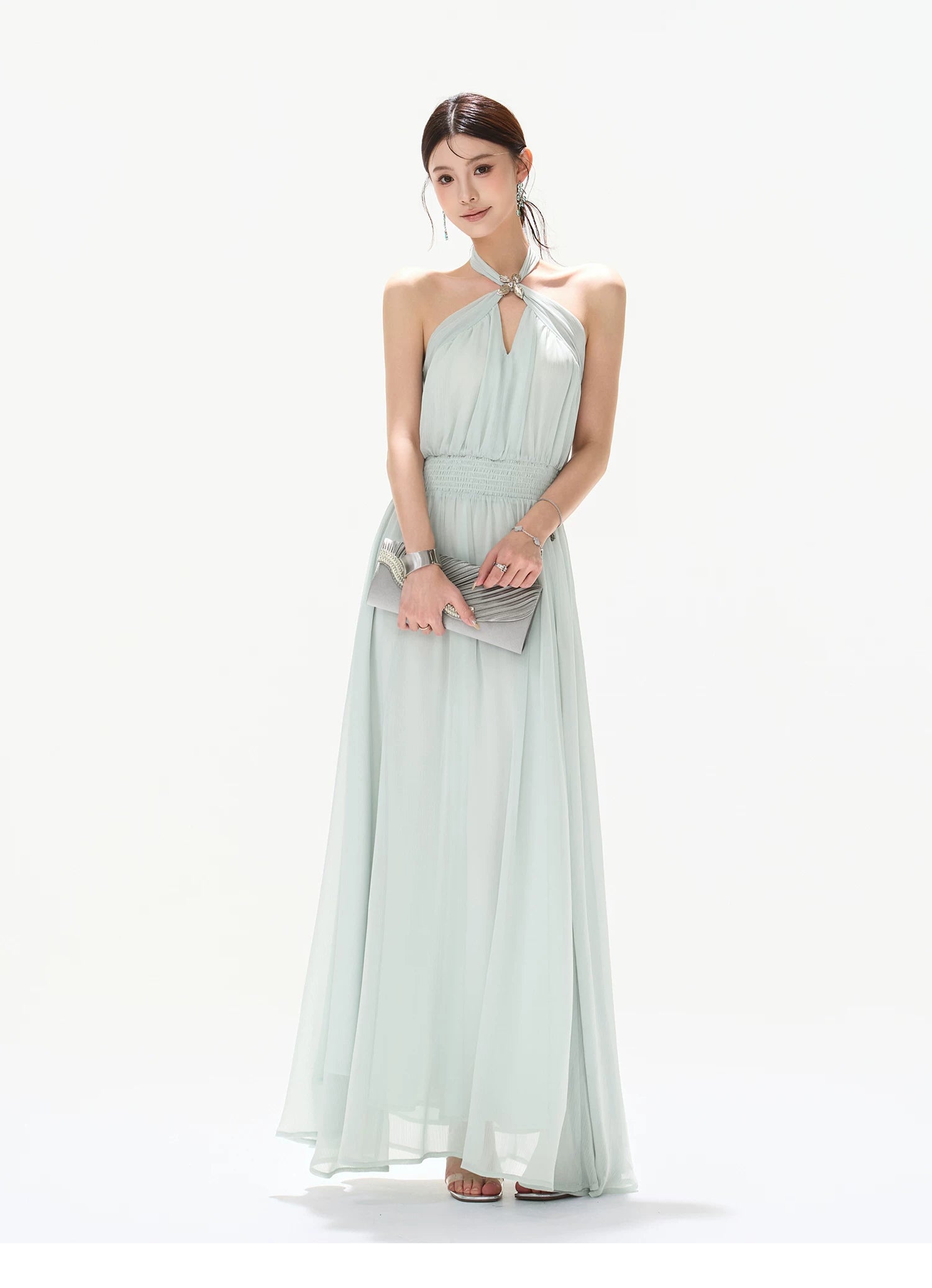 Misty Blue Halter Neck Chiffon Long Dress