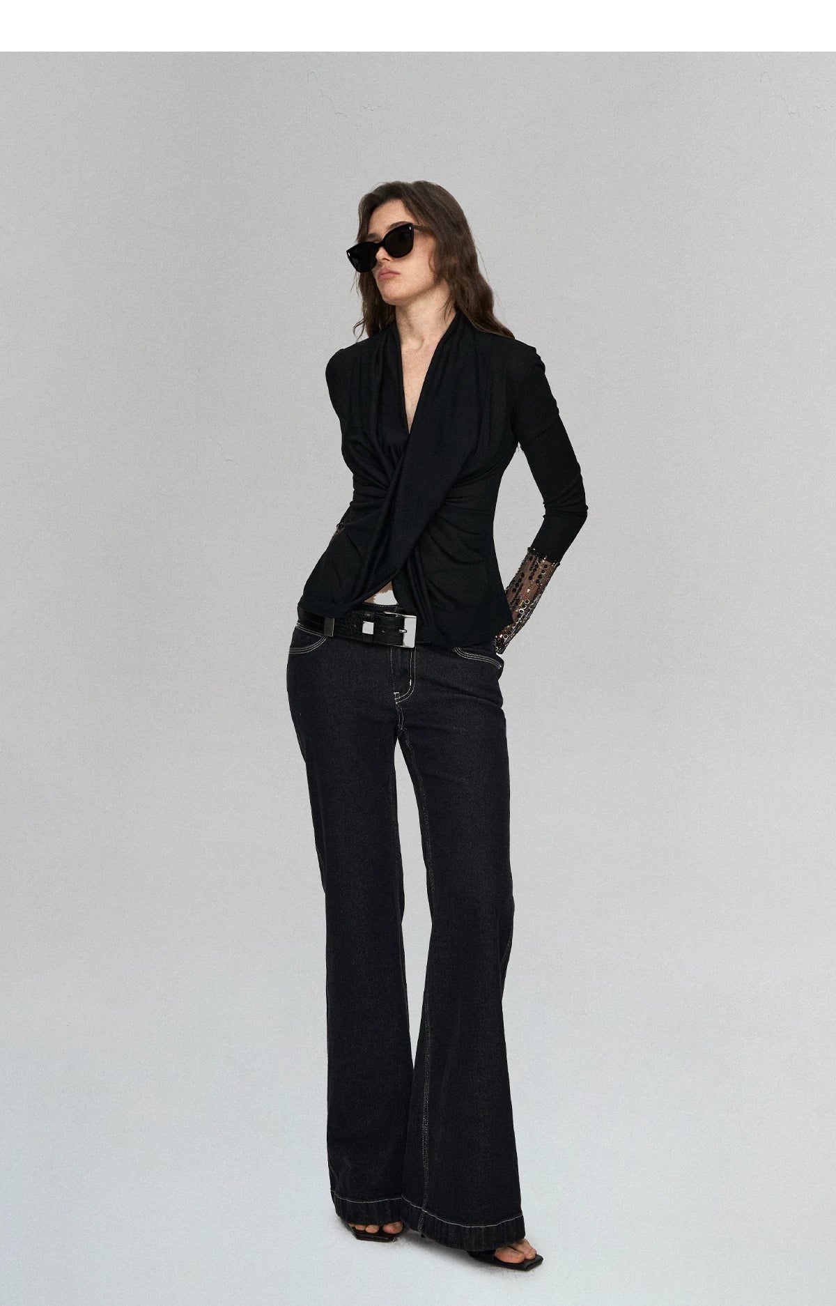 Embroidered Acetate Silk Cross-Knot Long Sleeve T-Shirt