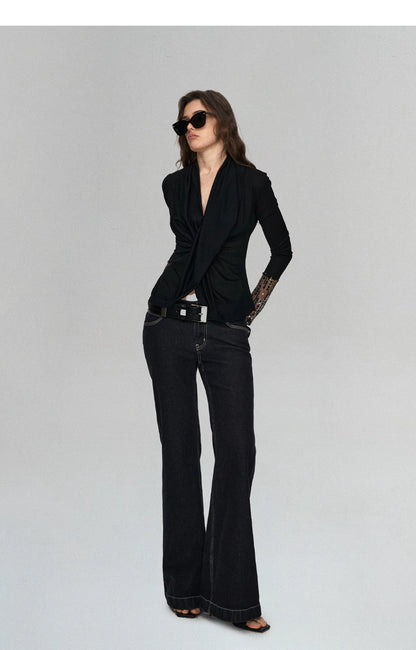 Embroidered Acetate Silk Cross-Knot Long Sleeve T-Shirt