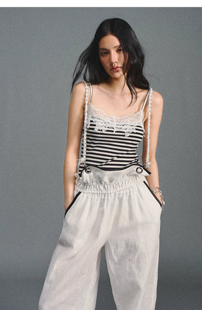 Tencel Linen Contrast Satin Trim Wide-Leg Pants