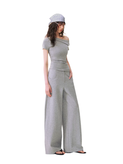 Asymmetric Off-Shoulder Tee Pants Set
