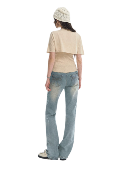 Washed Bow Embroidery Jeans