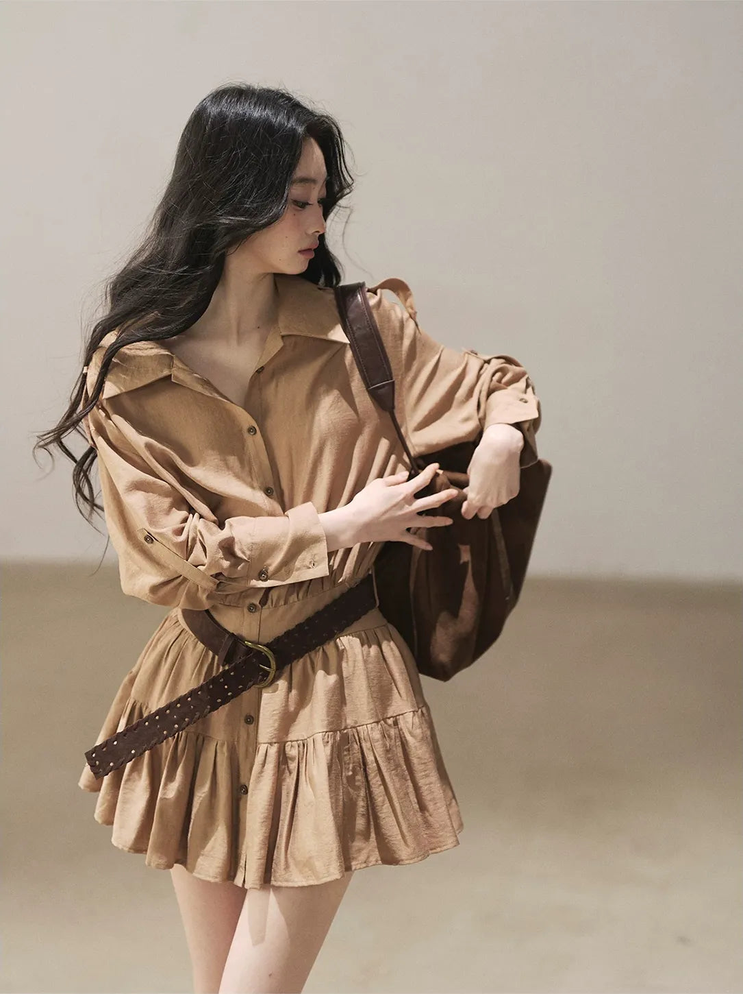 High-Waist Ruffle Shirt Dress