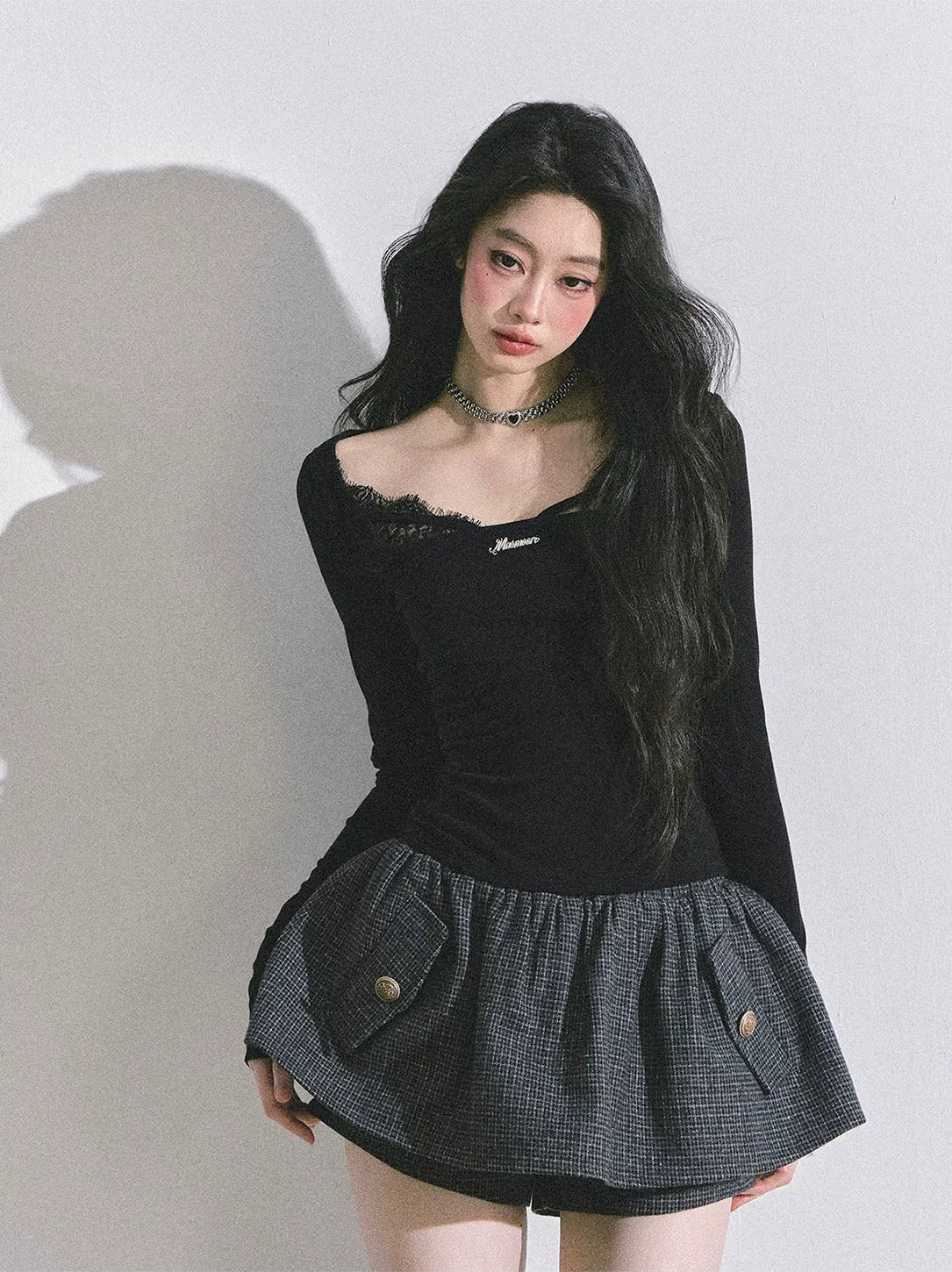 Lace Panel Fitted Long-Sleeve Top