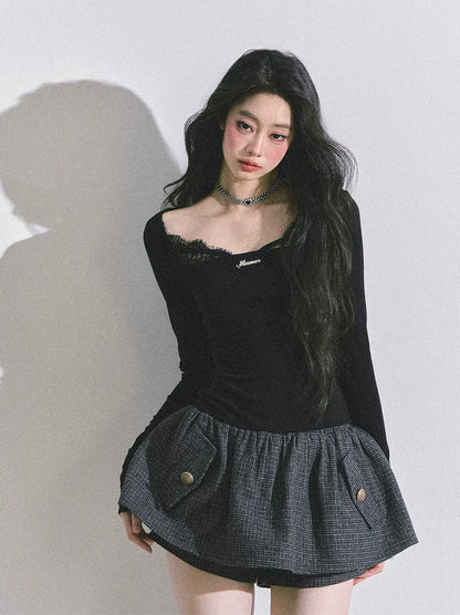 Lace Panel Fitted Long-Sleeve Top