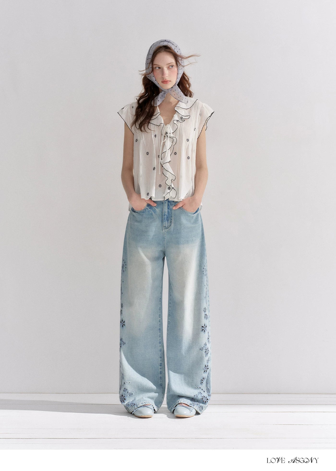 Cotton-Feel Embroidered Ruffle Sleeve Blouse