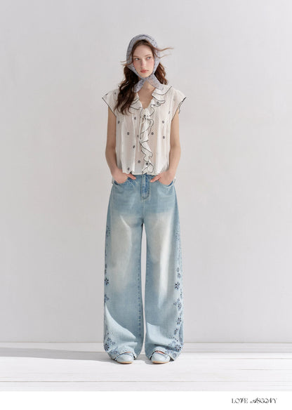 Cotton-Feel Embroidered Ruffle Sleeve Blouse