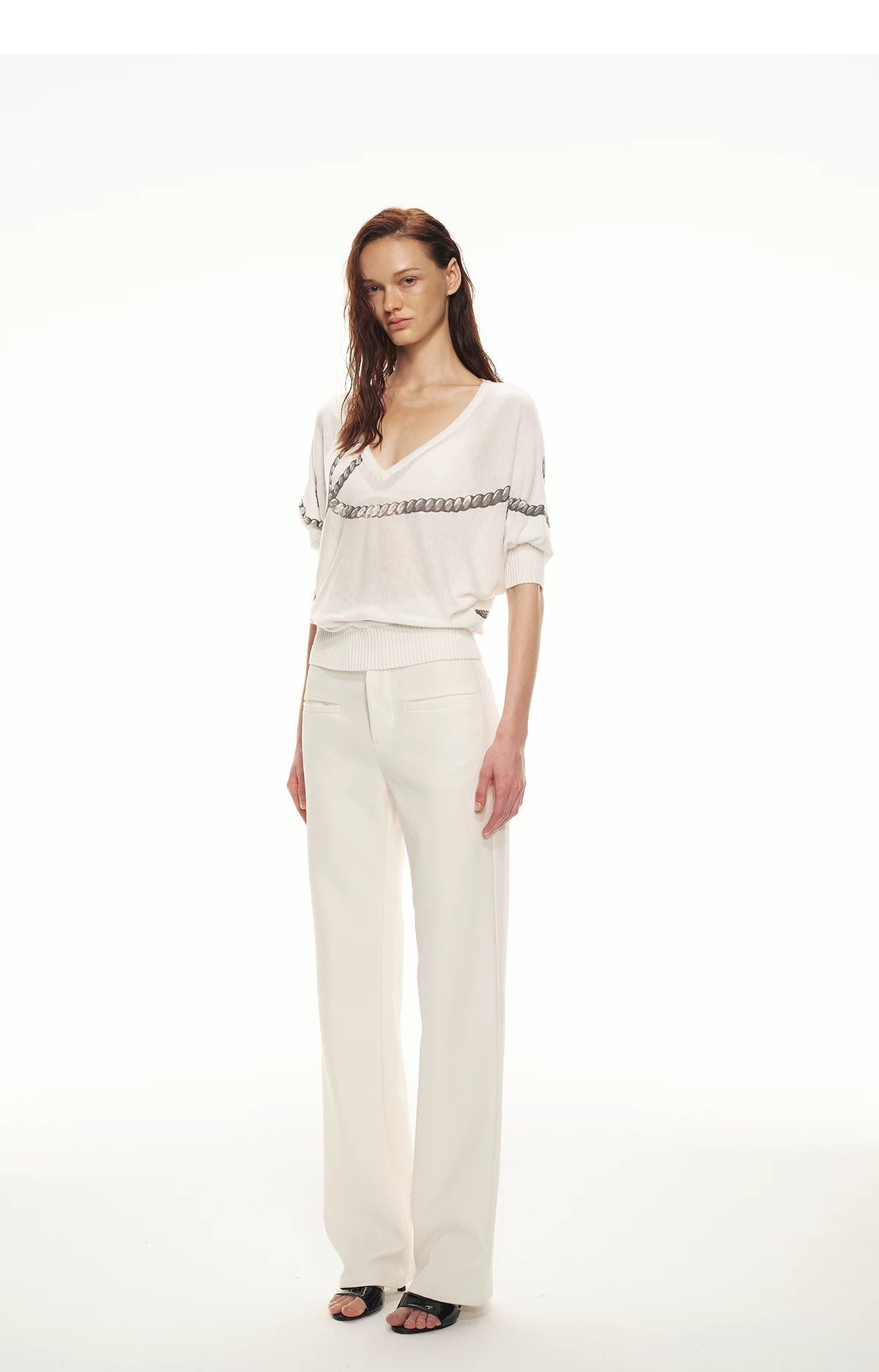 Sheer Asymmetric Chain Print Pullover Top