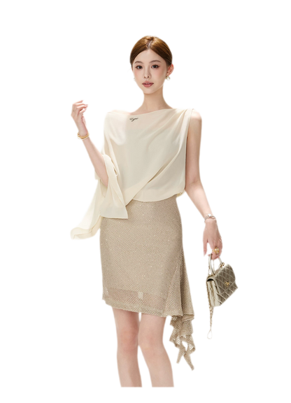 CYNR Sheer Drape Off-Shoulder Dress – view 15