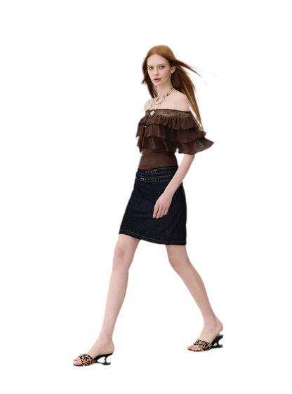 Layered Chiffon Lace Off-Shoulder T-Shirt