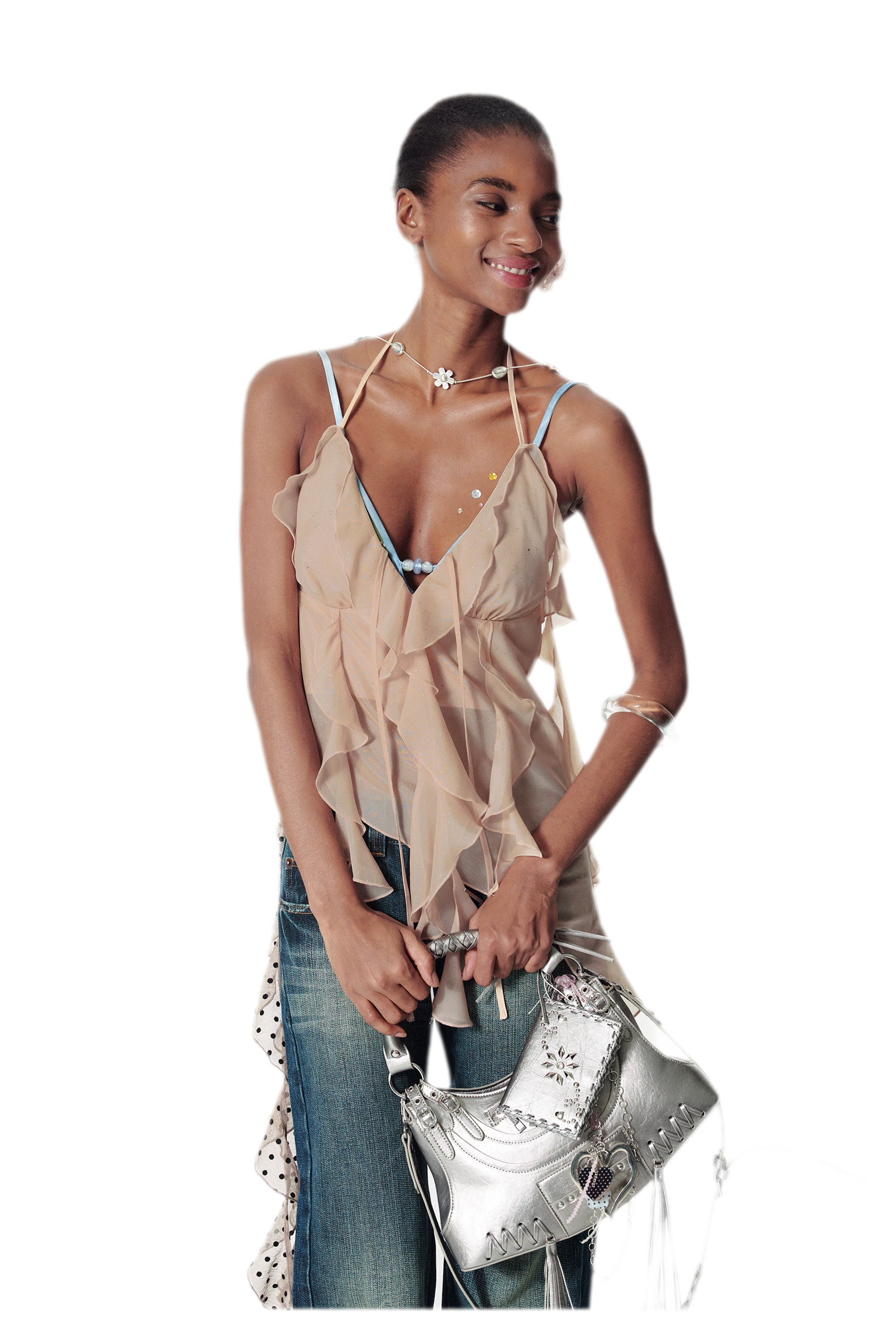 Silver-Stamp Backless Cami Top