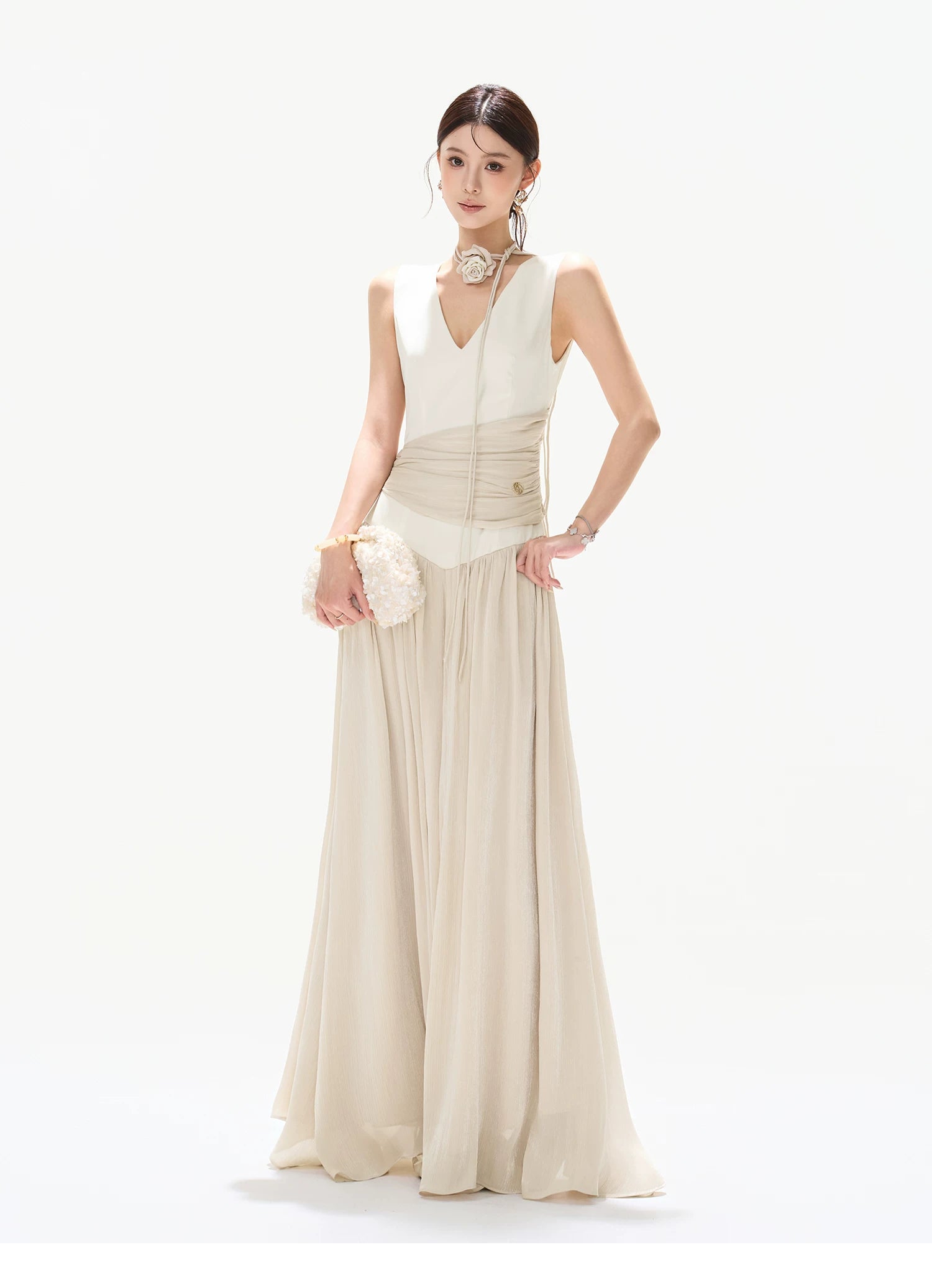 French Style Colorblock Pleated Satin V-Neck Dress