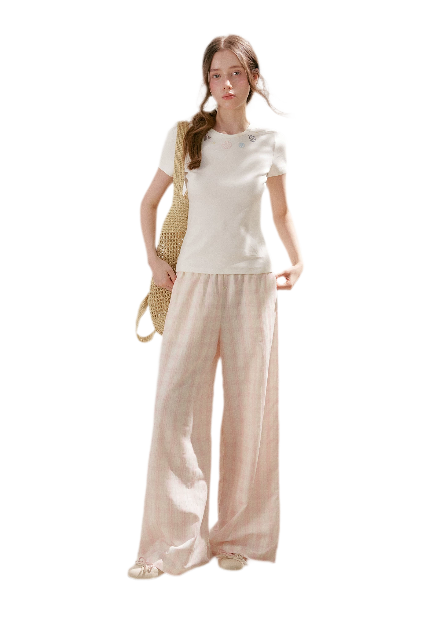 Linen Checkered High-Waist Wide-Leg Pants