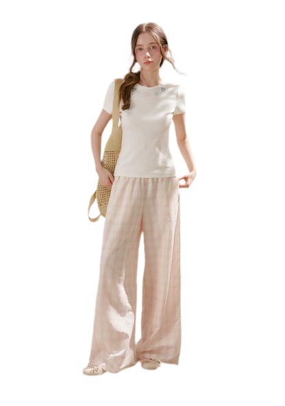 Linen Checkered High-Waist Wide-Leg Pants