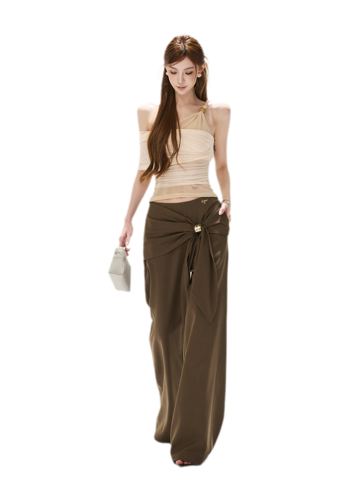 Beaded Ruched Mesh Top