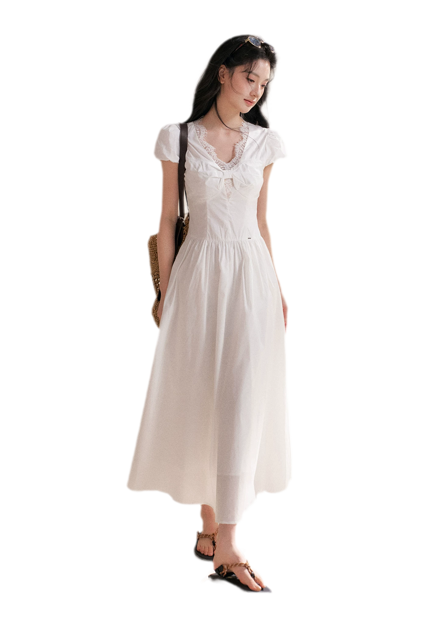 Knot Design French Lace Puff Sleeve A-Line Dress