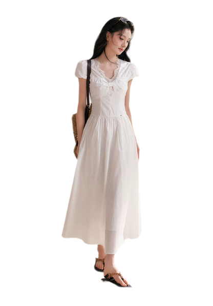 Knot Design French Lace Puff Sleeve A-Line Dress