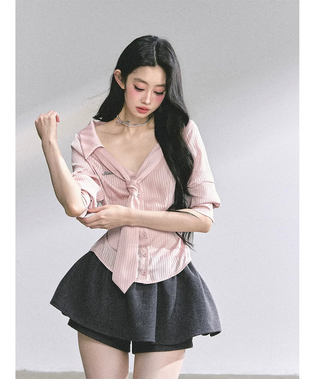Satin Striped Tie Shirt